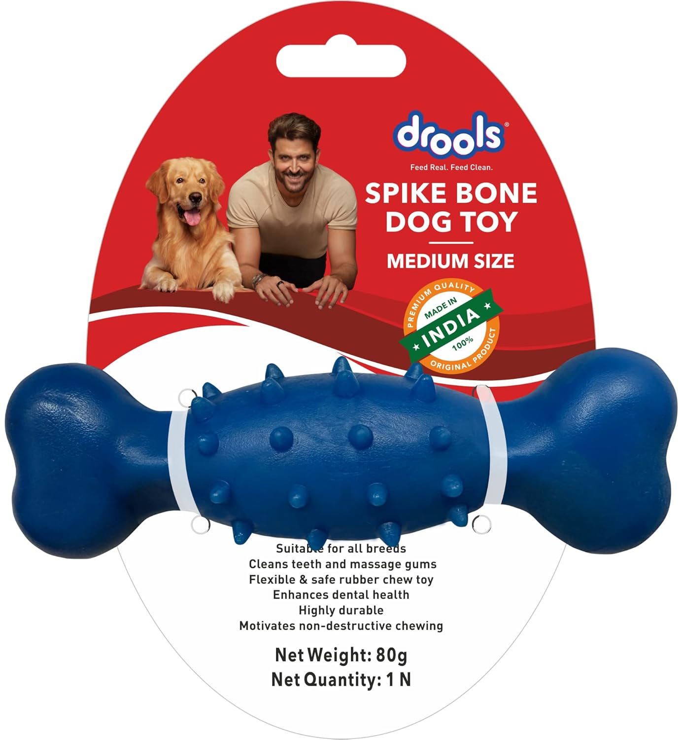 Drools Non-Toxic Rubber Toy for Dogs, Spike Bone 80g Pack – Tommy